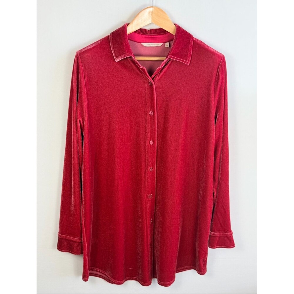 Soft Surroundings Velvet Boyfriend Tunic Shirt Large Regal Red Button Up Top